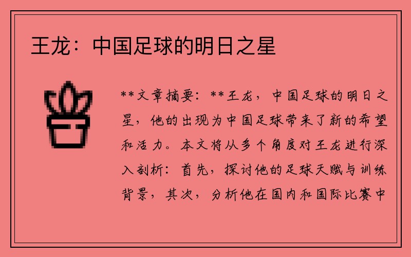 王龙：中国足球的明日之星