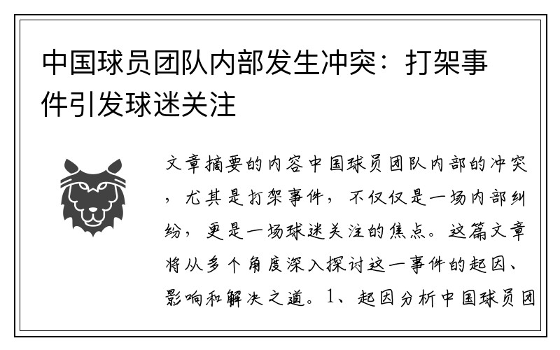 中国球员团队内部发生冲突：打架事件引发球迷关注