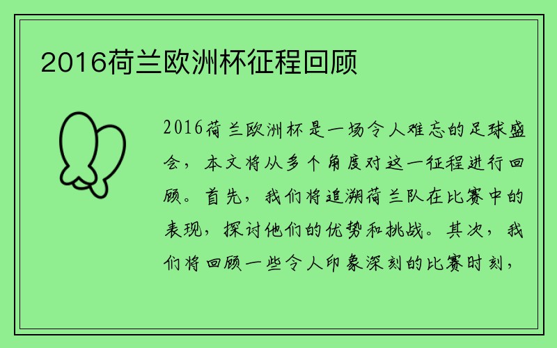 2016荷兰欧洲杯征程回顾