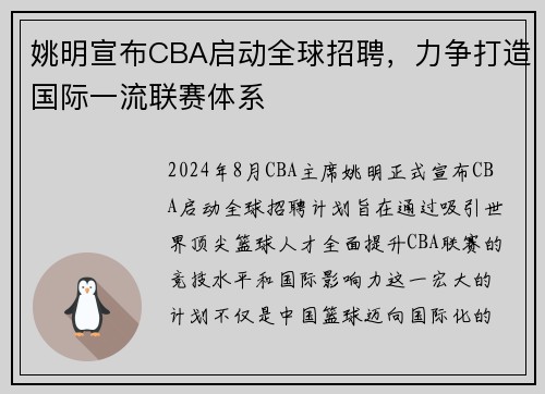 姚明宣布CBA启动全球招聘，力争打造国际一流联赛体系